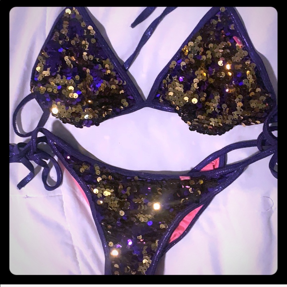 Purple gold sequin bikini